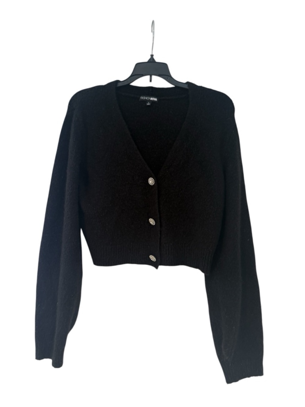 Fashion Nova Black Cropped V-Neck Crystal Button Cardigan Sweater